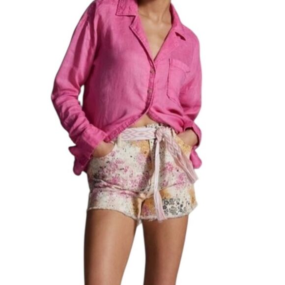 Maeve Anthropologie Linen Pink Ruched Sleeve Button Down Shirt S - Picture 2 of 8
